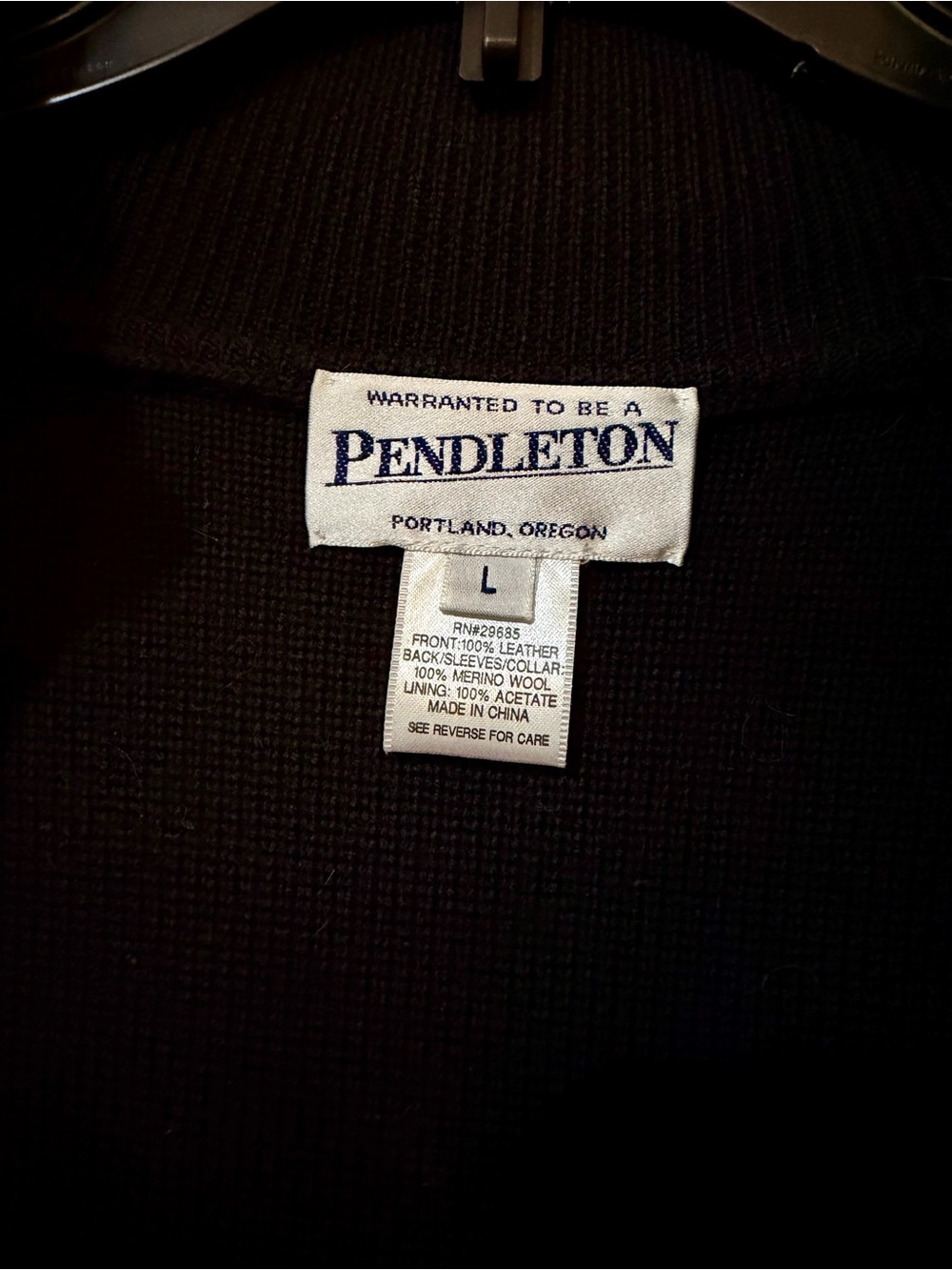 Vtg 90s Pendleton Full Zip Sweater Jacket Womens L Black Leather Merino Wool - Picture 5 of 15